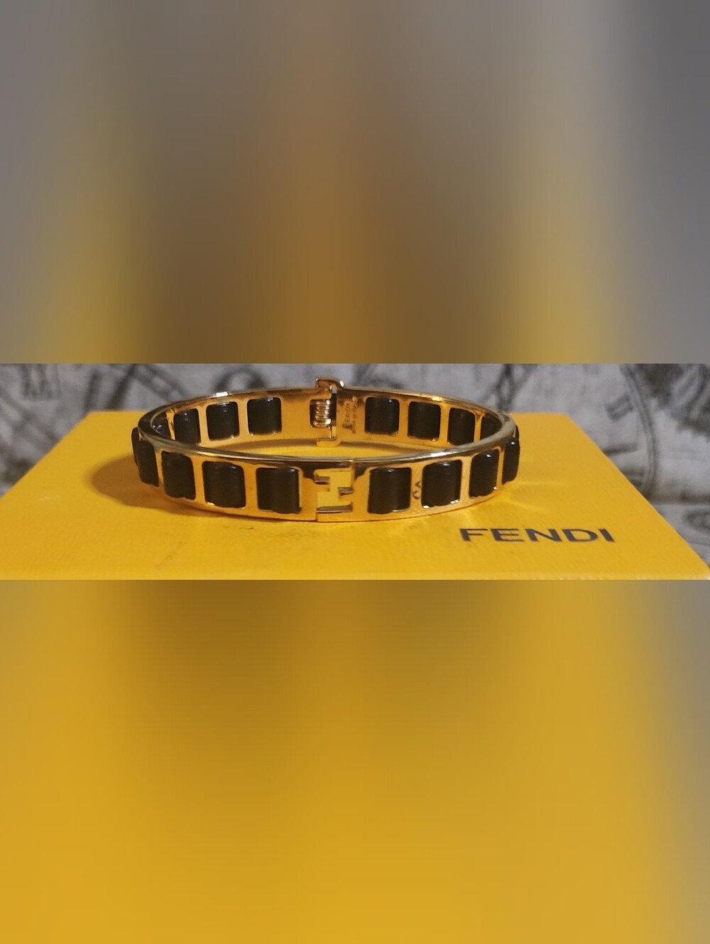 Fendi Black&Gold Leather Fendista Bangle Bracelet